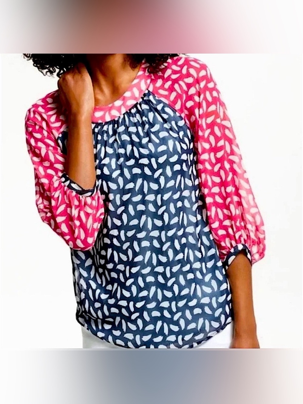 BODEN Womens Sylvie Pink Navy Brushstroke Print 3/4 Sheer Sleeve Blouse Size 4